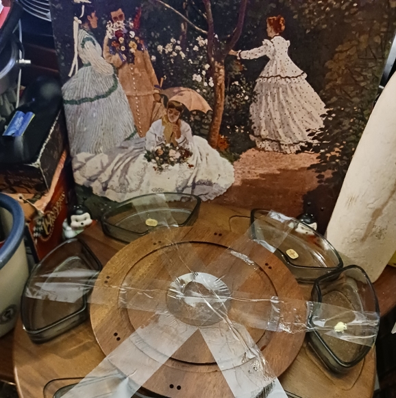 πͺ΅HIGHEND Japan Made Lazy Susan Serving Tray Vintage Heavy Wood&Glass Turnstile. - Picture 5 of 8